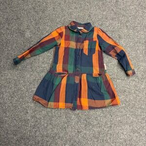 NONO Girls Plaid Button Front Long Sleeve Dress Orange Green Multi Size 4 104